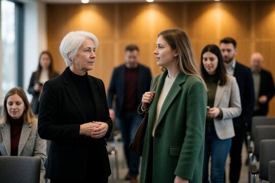 Two businesswomen conversing at a corporate conference
