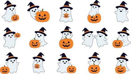 Obraz premium Cute Halloween Ghost Wearing Witch Hat and Holding Pumpkin Set Front View