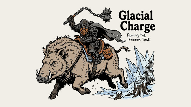 Viking dwarf warrior riding giant wild boar in winter mountain landscape with flail weapon illustration for t-shirt design print and apparel merchandise