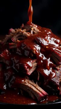 Rich and tangy barbecue sauce drizzling onto a mountain of succulent smoked pulled pork against a dark background
