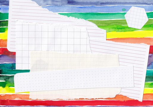 Blank torn paper pieces form a collage on a rainbow background