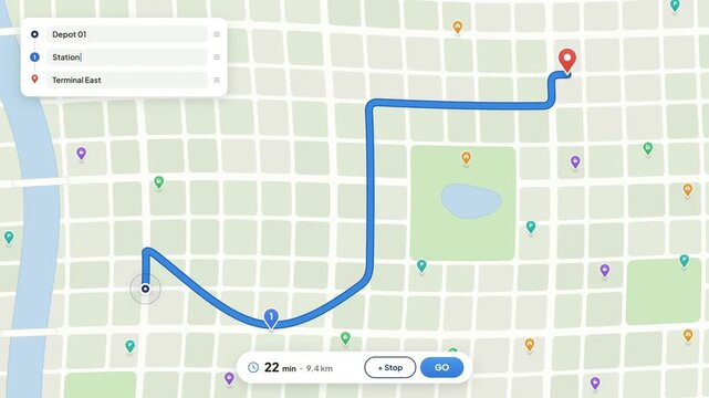 GPS navigation route planning on a city map, adding two stops and following the path until route complete