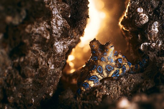 Blue ringed octopus squeezing into narrow crevice between two heavily barnacled