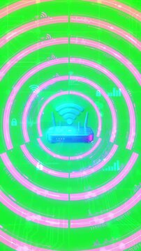 Stylized router signal waves radiating from a central point on a vivid green screen surface with smooth motion
