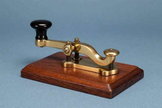 Vintage Brass Morse Code Telegraph Key on Wooden Base