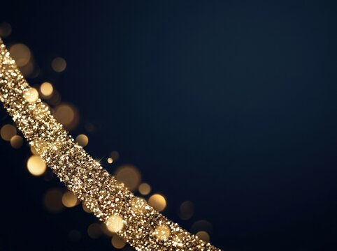 Gold glitter ribbon diagonal border with bokeh lights on dark background