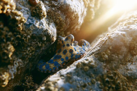 Blue ringed octopus squeezing into narrow crevice between two heavily barnacled