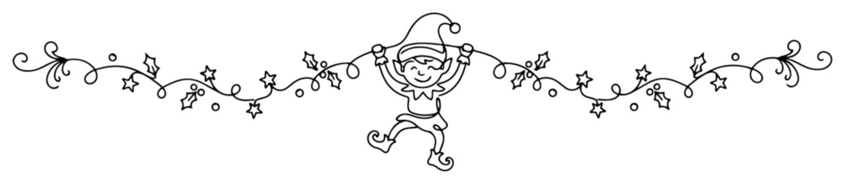 Little christmas elf holding long star garland with holly leaves in continuous line art for laser cutting and transparent print projects