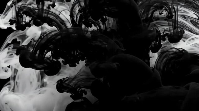 Abstract black and white liquid ink swirls mixing and moving in fluid hypnotic patterns