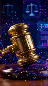 Abstract legal background featuring a golden gavel and shimmering digital particles representing cyber justice and modern court decisions