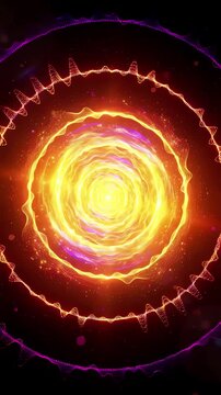 Abstract sound wave pulses with concentric golden rings expanding and contracting on a dark background creating a rhythmic visual illusion