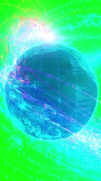Animated streams of data and light particles swirling around a transparent planet earth on a chroma key green screen