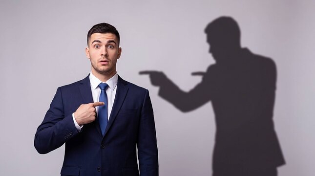 Surprised Businessman Pointing at Himself While Shadow Points Back, Blame, Accusation and False Accusation Concept