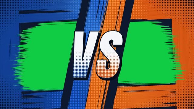 Versus screen with VS text slamming in between two green screen panels, blue and orange comic halftone