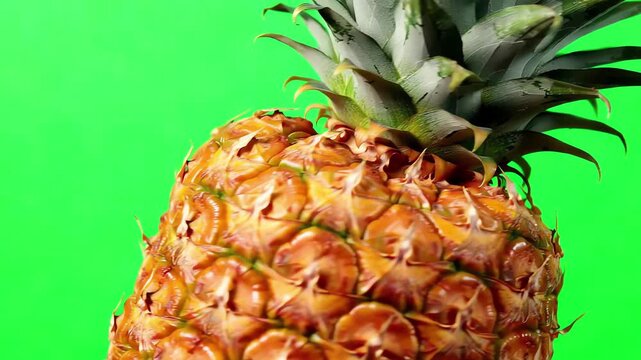 Close up shot of a ripe pineapple spinning steadily against a solid green screen backdrop with detailed texture