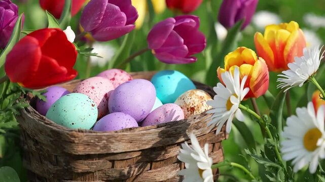 Close up shot of a rustic wooden basket containing speckled Easter eggs surrounded by vibrant tulips and white daisies in a breeze