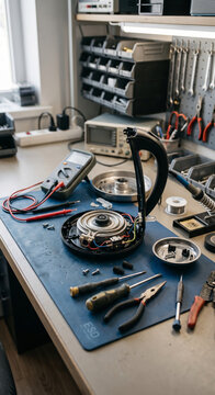 Disassembled headphones with exposed speaker driver, ear cup parts, pliers, screwdrivers, and test equipment on a bench in a clean workshop for diagnostics and maintenance