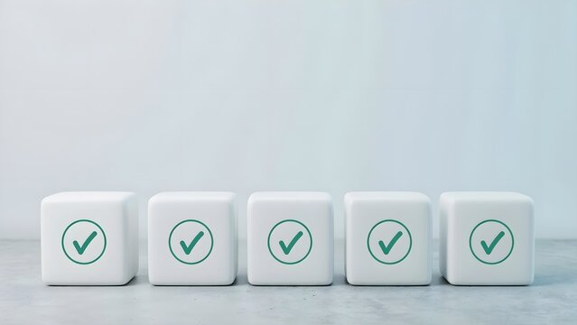 Five white cubes with green checkmark symbols arranged in a row on a grey surface