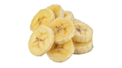 A pile of fresh sliced banana fruit rounds isolated on white background © Jack