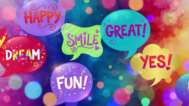 Dynamic colorful speech bubbles drifting across a bright abstract canvas featuring dreamy bokeh patterns and fluid motion