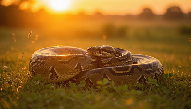 Large Python Snake Coiled in Grassy Meadow Field at Golden Hour Sunset, Exotic Reptile Wildlife and Nature Biodiversity Concept