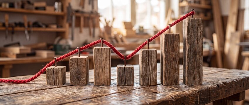 A wooden bar chart made from textured blocks connected by a red rope on workbench with weathered workbench workshop constructed uneven wooden continuous red cord handmade bar graph representation