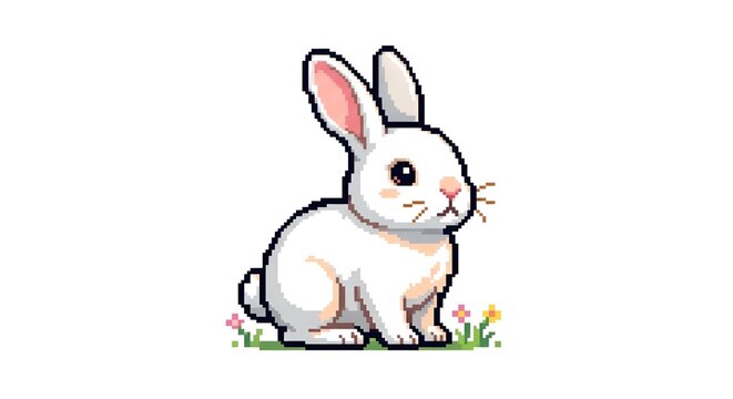 Cute 8-bit pixel art style white bunny sitting on a small patch of grass with pink and yellow wildflowers, isolated on white background. Perfect for retro games, stickers, or digital art
