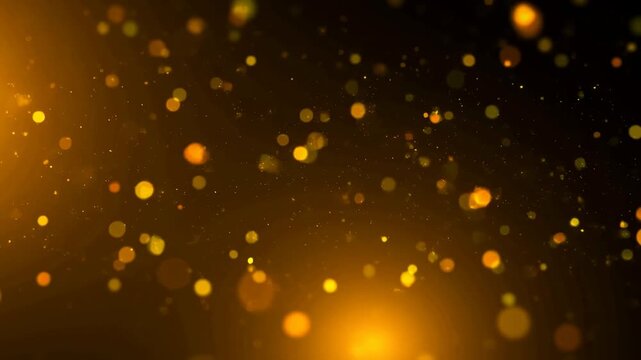 Intentionally blurred golden bokeh particles drift through a dark abstract field of warm glowing light. Celebration announcements, luxury brand promos, and event titles.