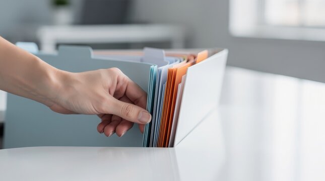 A hand is pulling a file folder from a row of organized folders in a modern office setting.