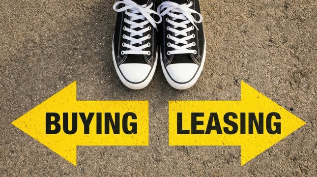 Pair of sneakers on ground choosing between yellow direction arrows for buying or leasing business options.