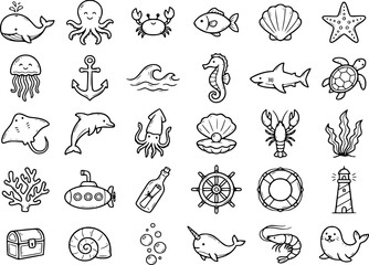 Cute Ocean Sea Life Icons Whales, Dolphins, Sharks, Octopus, Crab, Fish, Starfish, Turtle © GtgTransArt