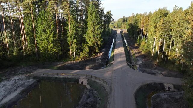 Aerial View of Gravel Road Junction and Drainage Ditches in a Forest