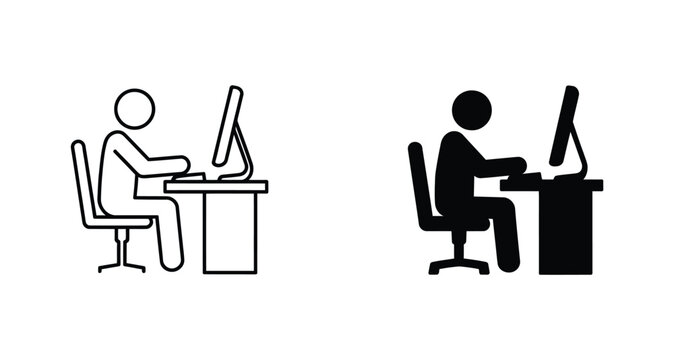 People working at desks icon set, office workers, computer workstations, sitting postures, remote work, workplace scenes, vector design