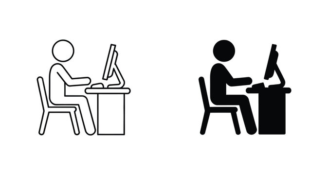 People working at desks icon set, office workers, computer workstations, sitting postures, remote work, workplace scenes, vector design