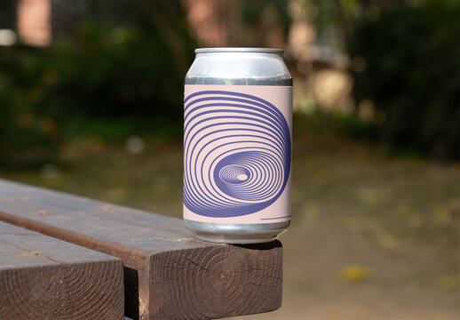 Mockup Template of Beverage Can on Wooden Bench