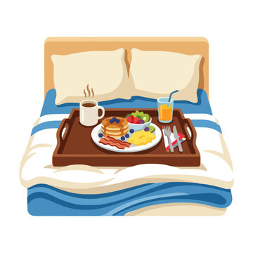 Breakfast tray with pancakes, coffee, and eggs served on a cozy bed with pillows, weekend hospitality concept