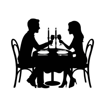Silhouette of a romantic couple having a candlelit dinner at a table, celebrating an anniversary date night