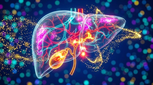 Abstract Digital Illustration of Human Liver Anatomy Featuring Glowing Vascular Networks and Energetic Particles for Medical Science Research