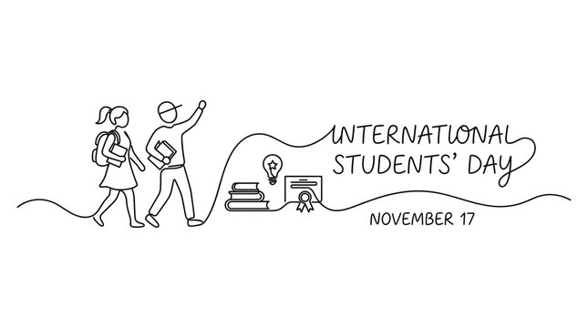 Students walking with books near International Students Day text and graduation diploma drawn in continuous line art. Ideal for university event posters, education blogs, student holiday banners.