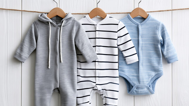 Collection of cozy pastel baby onesie, hooded jumpsuit, and rompers hanging on wooden hangers against a white wooden wall background.
