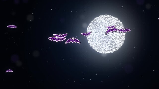 Purple bats flap across a huge glowing full moon