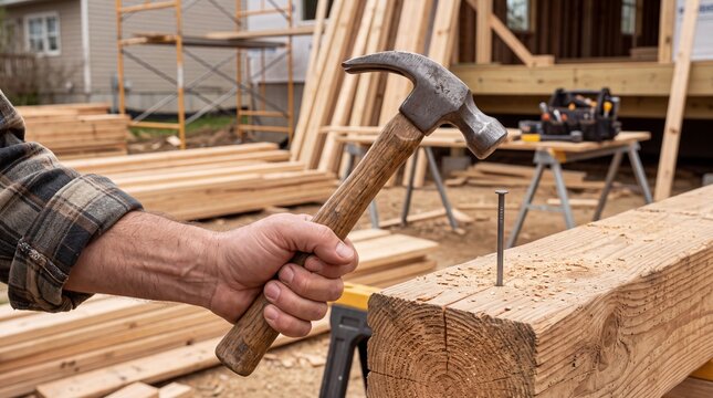 A person using a hammer to drive a nail into a wooden beam on a construction site