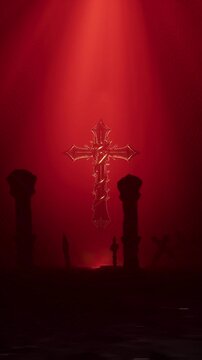 Gothic Cross Framed by Pillars in Red Light
