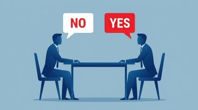 Silhouetted business people sit at table with opposite speech bubbles displaying no and yes for decision making.