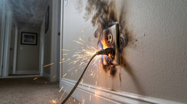 Electrical outlet sparks and smokes from overloading, illustrating safety hazards in the home environment.
