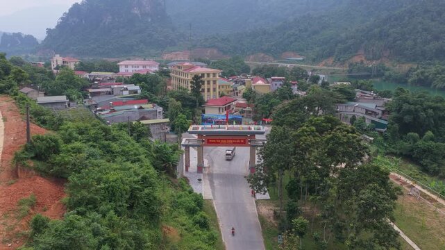 Aerial view of the entrance to bac me town in ha giang vietnam