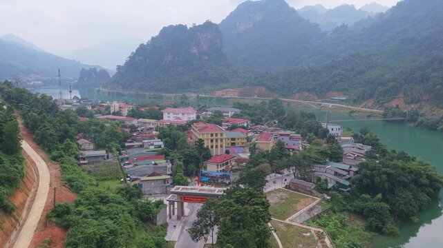 Aerial view of bac me town in ha giang province vietnam