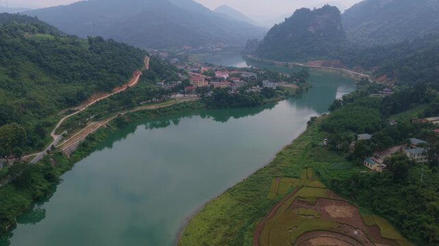Aerial view of bac me town and river in ha giang, vietnam