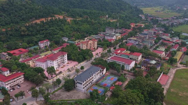 Aerial view flying over bac me town in ha giang province vietnam
