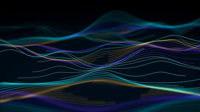 Flowing neon lines undulate across a dark abstract digital field. Technology presentation, digital media, and science program graphics.